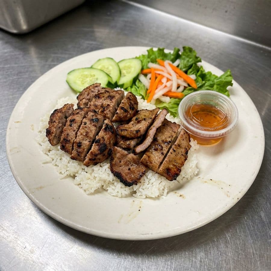 Grilled Pork Patty with Steamed Rice (Nem Cơm Thịt Nướng)
