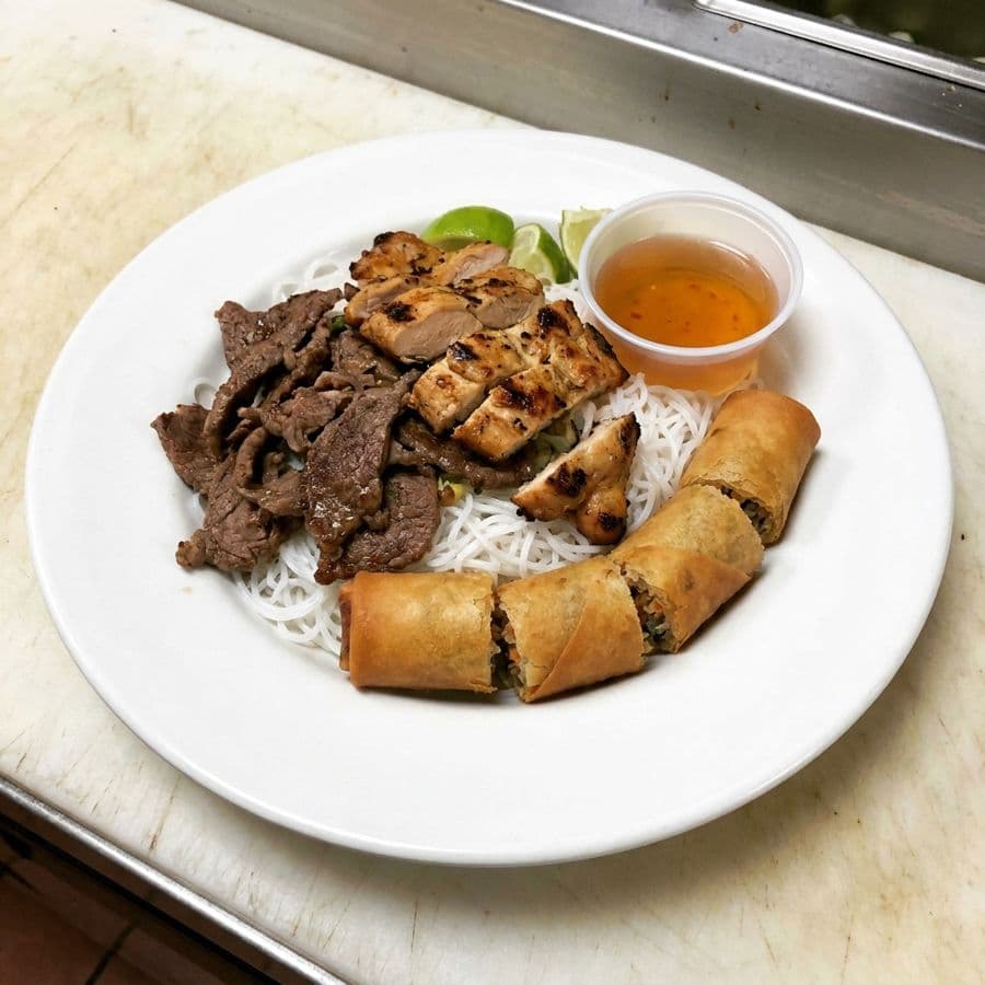 Grilled Beef, Chicken & Vegan Spring Roll Vermicelli Bowl